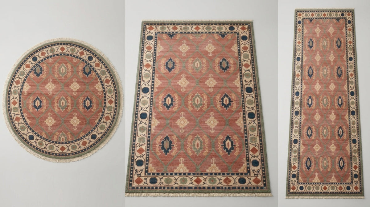 Oushak Hand Knotted Rug in coral pink wool, with sage lattice, geometric medallions, ornate ivory border and fringed ends.