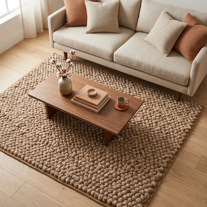 Chunky Wool Rug, Handwoven Pebble Texture Area Rug, Camel Beige Heathered Carpet, Modern Organic Minimalist Decor, Thick Cozy Living Room Floor Rug