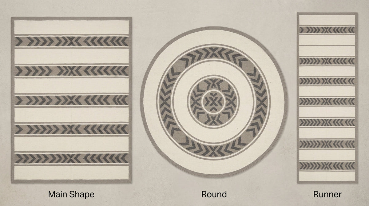 Southwestern Flatweave Wool Rug in ivory, taupe and charcoal, with striped chevron bands shown in rectangular, round and runner shapes.