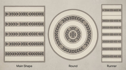 Southwestern Flatweave Wool Rug in ivory, taupe and charcoal, with striped chevron bands shown in rectangular, round and runner shapes.