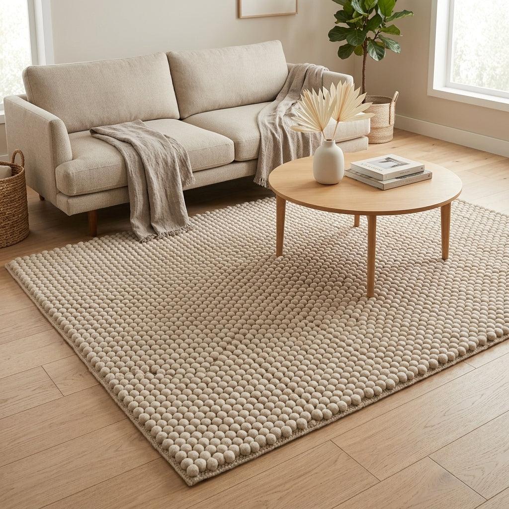Chunky Wool Rug in oatmeal beige with a thick, handwoven surface of evenly spaced raised pebble rows and bound edges.