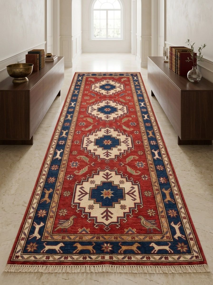 Hand Knotted Oushak Runner Rug in red wool with ivory and navy stepped medallions, birds, animal border and fringe.