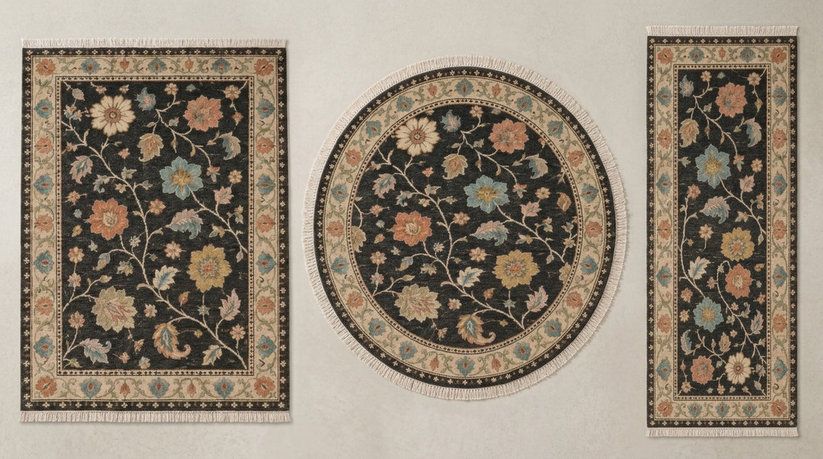 Charcoal Black Floral Hand Knotted Wool Rug, Oushak Style Ivory Border