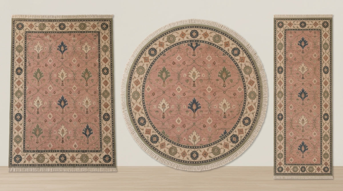 Blush Pink Palmette Hand Knotted Wool Rug, Floral Ogee Lattice Ivory Border