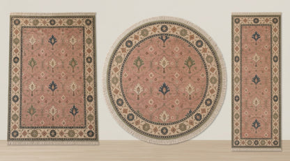 Blush Pink Palmette Hand Knotted Wool Rug, Floral Ogee Lattice Ivory Border