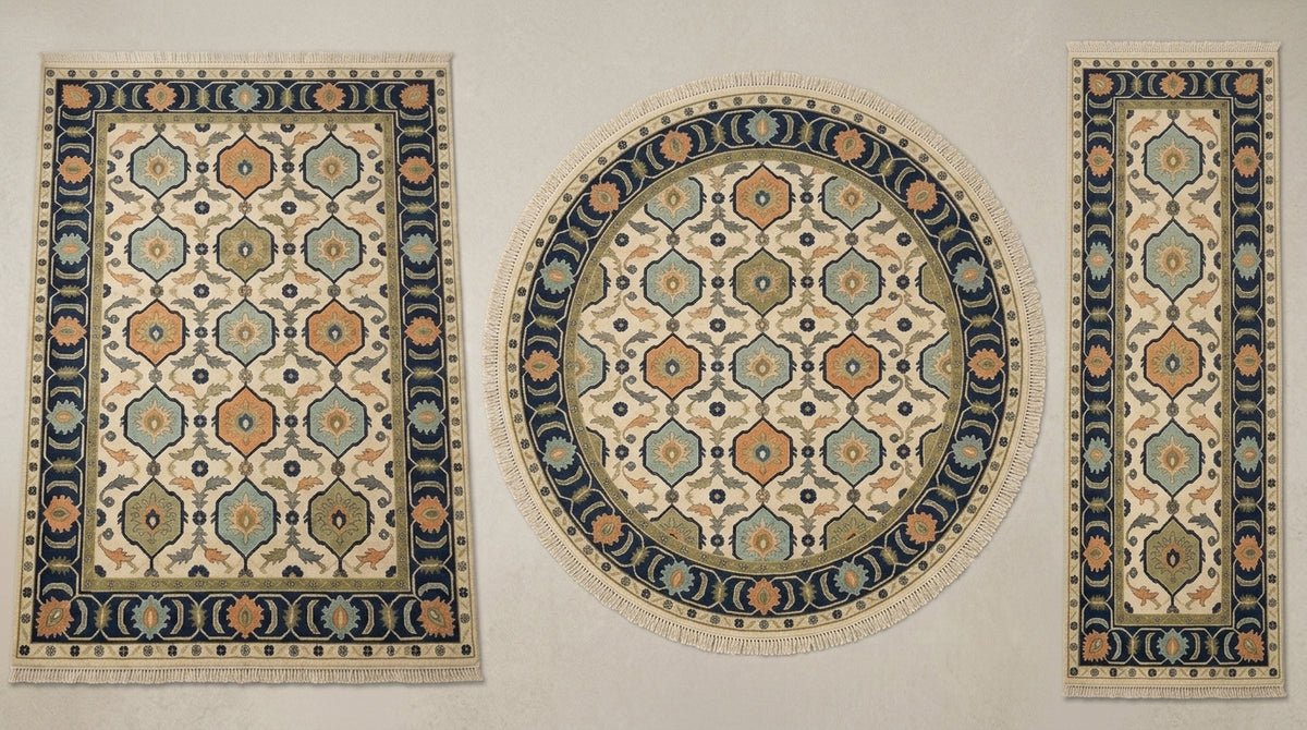 Ivory Navy Hexagon Medallion Hand Knotted Wool Rug, Aqua Orange Olive Geometric