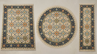 Ivory Navy Hexagon Medallion Hand Knotted Wool Rug, Aqua Orange Olive Geometric