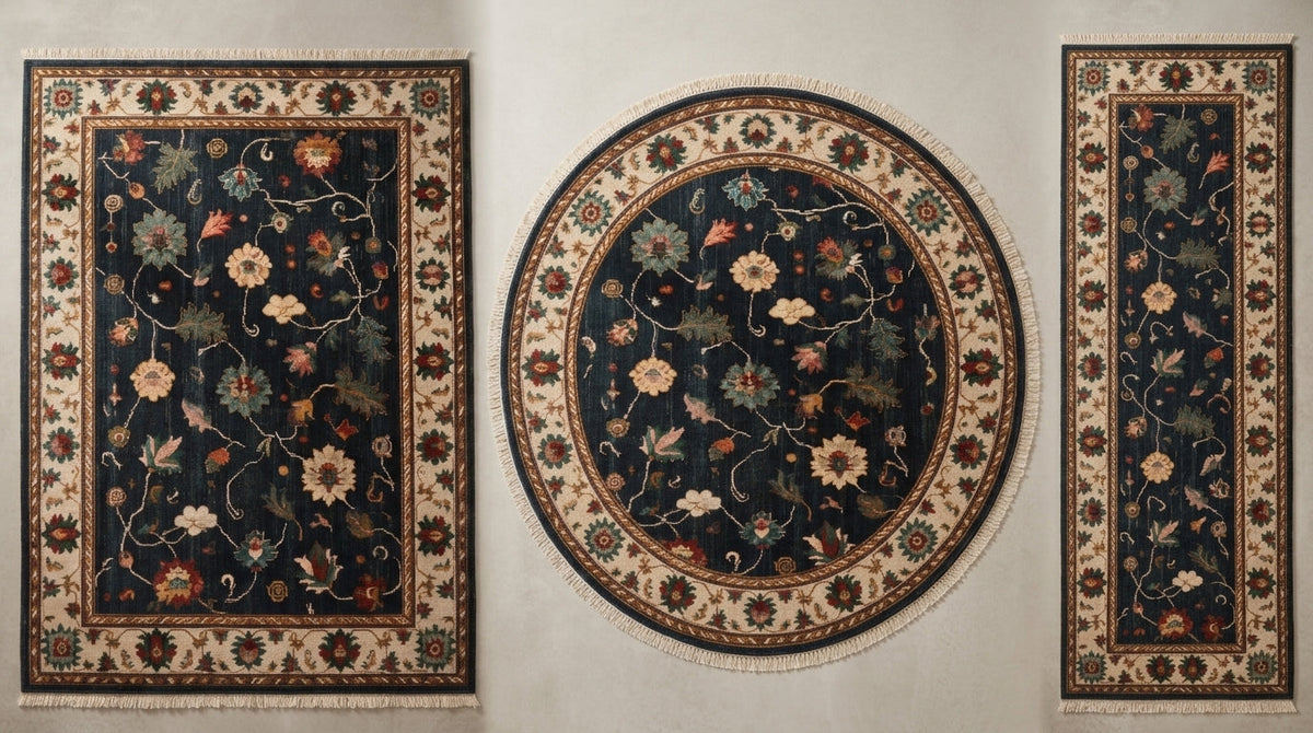 Oushak Hand Knotted Rug in deep navy wool, with multicoloured floral vines, an ivory palmette border and fringe.