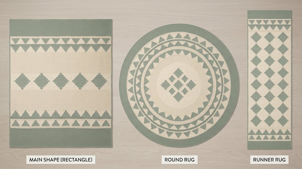 Southwestern Flatweave Wool Rug in sage green and cream, with stepped triangle and diamond bands and a ribbed weave.
