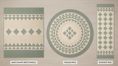 Southwestern Flatweave Wool Rug in sage green and cream, with stepped triangle and diamond bands and a ribbed weave.