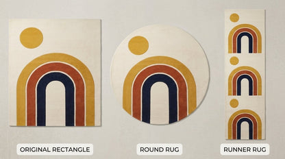 Handmade Retro Rug with ivory wool pile, mustard, rust and navy nested arches, plus sun motifs in rectangular, round and runner shapes.