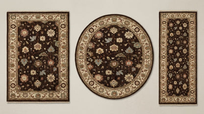 Oushak Hand Knotted Rug in chocolate brown wool, with multicoloured floral motifs and an ivory palmette border.