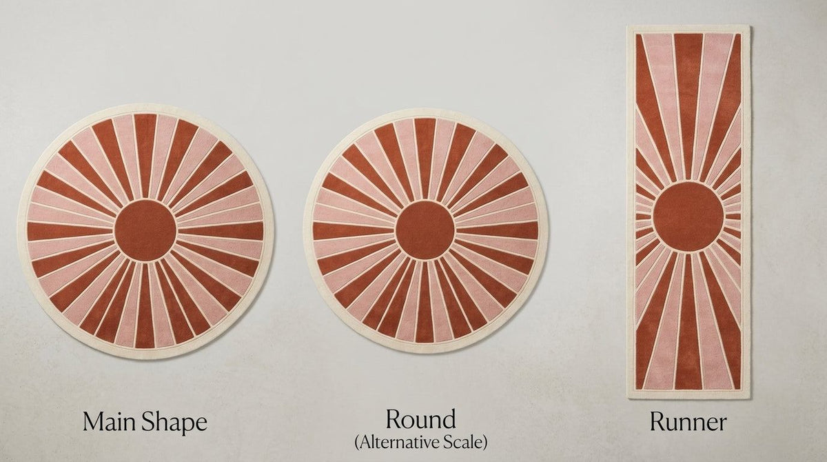 Handmade Retro Rug in a terracotta and blush pink sunburst pattern with ivory outlines, shown in round and runner shapes.
