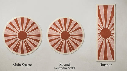 Handmade Retro Rug in a terracotta and blush pink sunburst pattern with ivory outlines, shown in round and runner shapes.