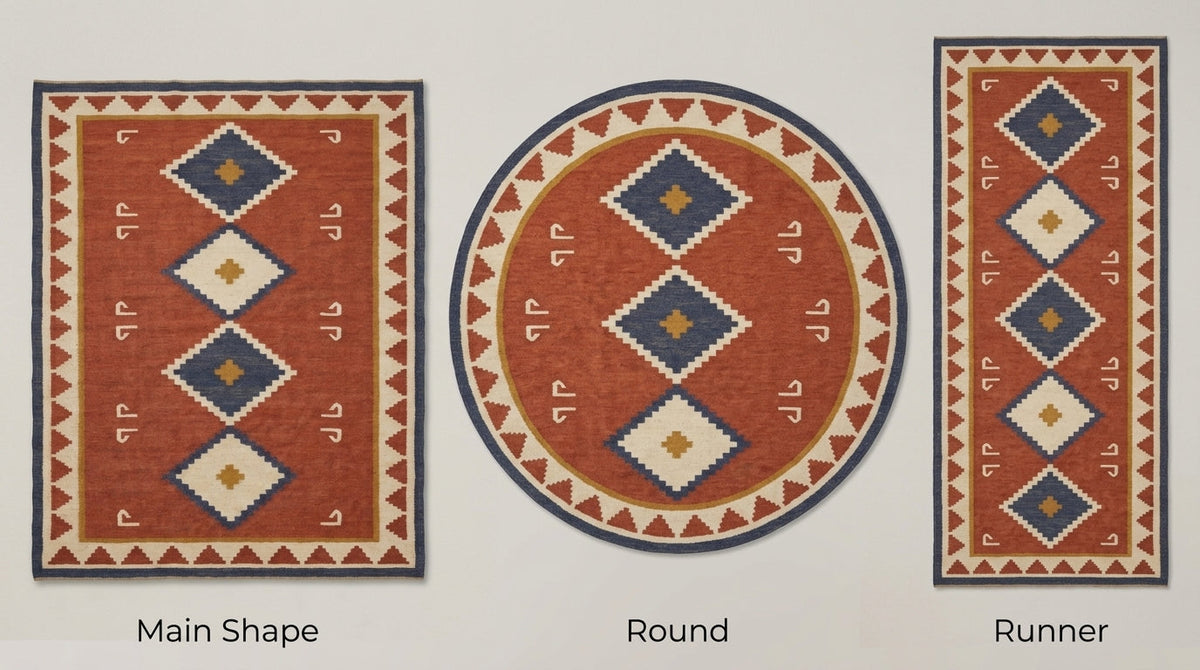 Southwestern Flatweave Wool Rug with rust red field, navy and ivory diamonds, mustard accents, and geometric triangle border.