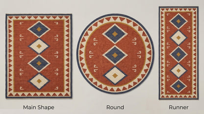 Southwestern Flatweave Wool Rug with rust red field, navy and ivory diamonds, mustard accents, and geometric triangle border.