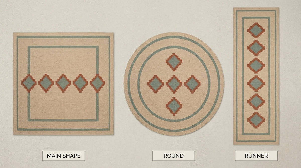 Southwestern Flatweave Wool Rug in beige with sage green borders and terracotta stepped diamonds in rectangular, round and runner shapes.