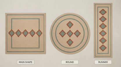 Southwestern Flatweave Wool Rug in beige with sage green borders and terracotta stepped diamonds in rectangular, round and runner shapes.