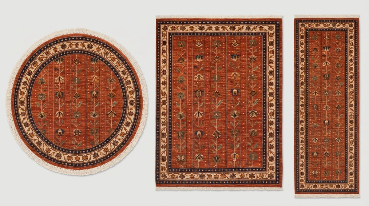 Oushak Hand Knotted Rug in rust red wool with botanical stem motifs and ornate ivory, navy and gold borders.