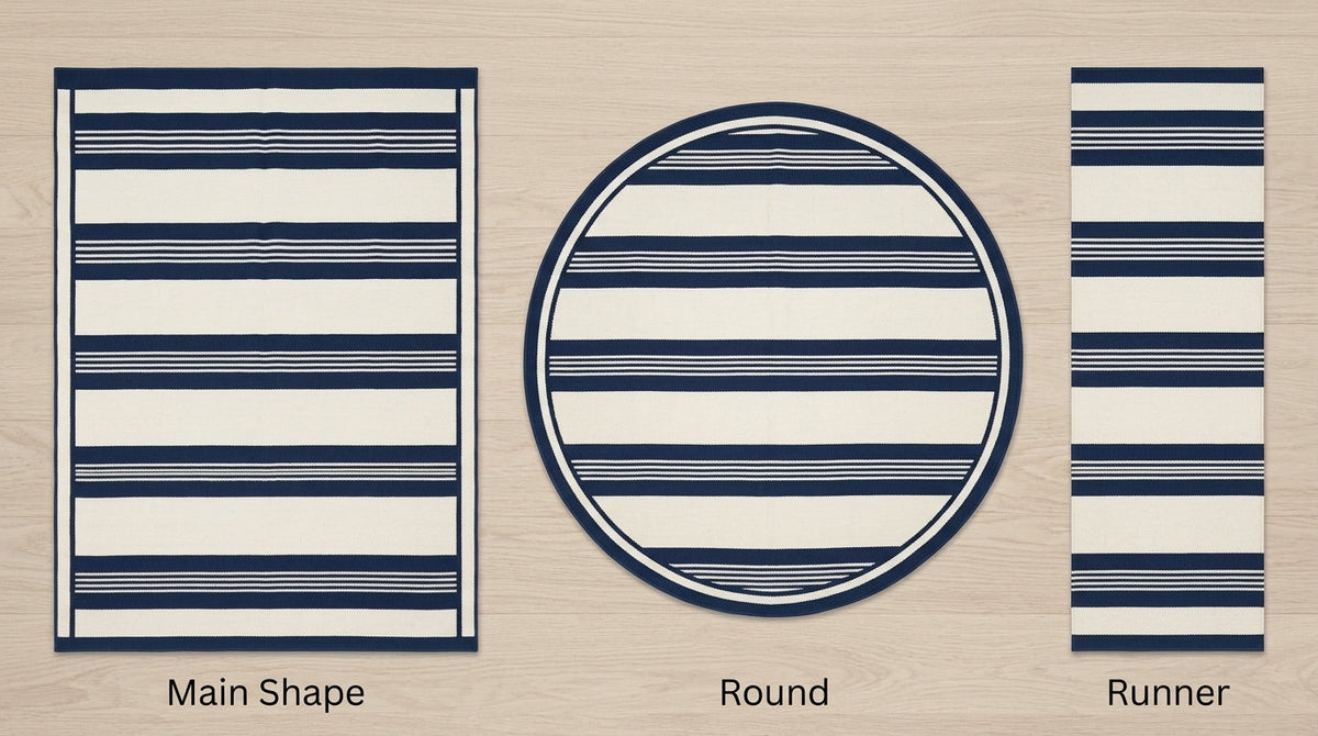 Flatweave wool rug, Southwestern Flatweave Wool Rug, navy and ivory horizontal stripes with a slim framed border.
