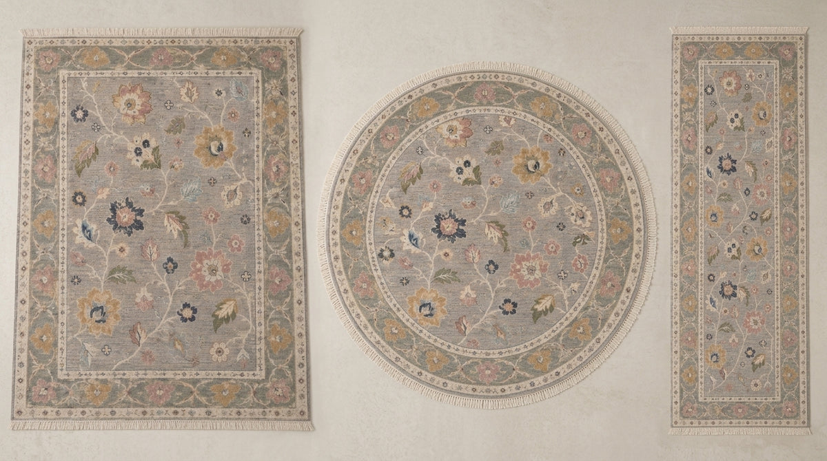 Dove Gray Floral Hand Knotted Wool Rug, Oushak Style Sage Green Border
