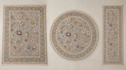 Dove Gray Floral Hand Knotted Wool Rug, Oushak Style Sage Green Border