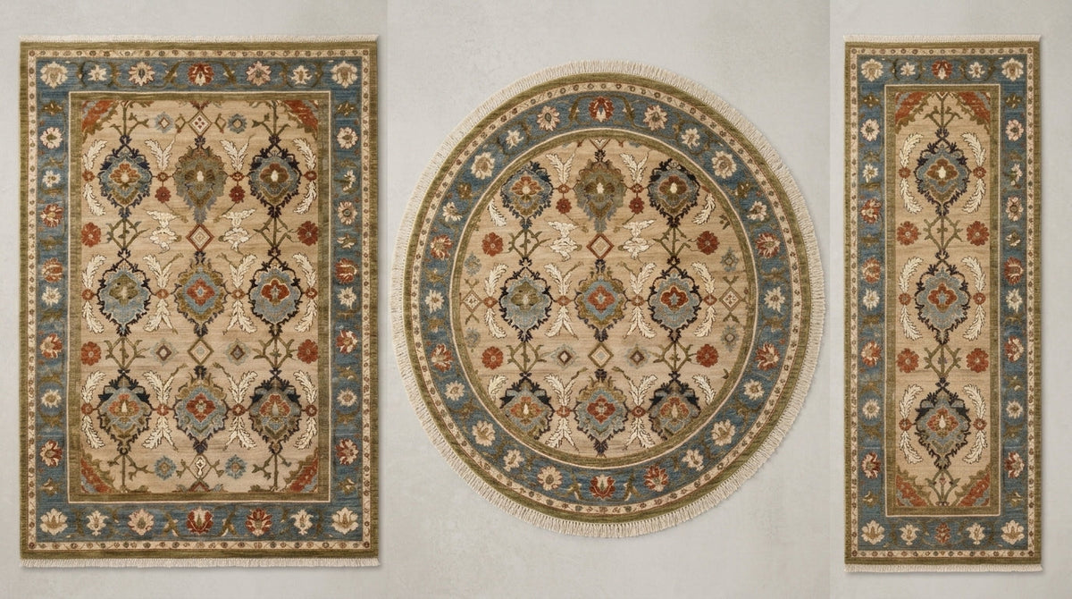 Oushak Hand Knotted Rug in camel beige wool with floral lattice, slate blue borders, and rectangular and round shapes.