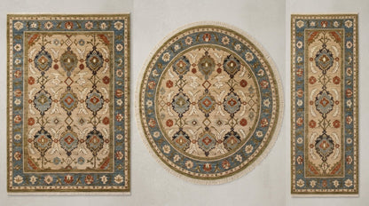 Oushak Hand Knotted Rug in camel beige wool with floral lattice, slate blue borders, and rectangular and round shapes.