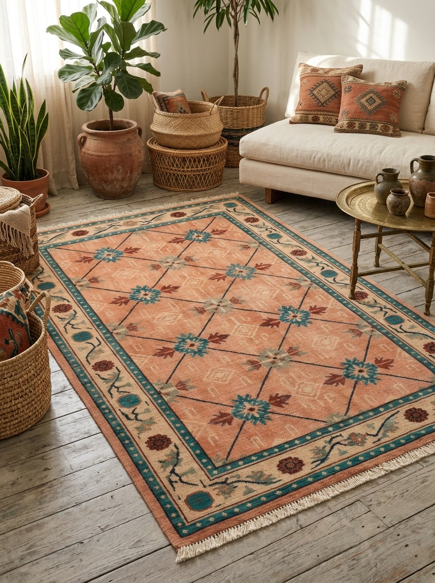Terracotta Teal Trellis Hand Knotted Wool Area Rug in coral and teal, with a geometric medallion trellis, ivory floral border and fringe.