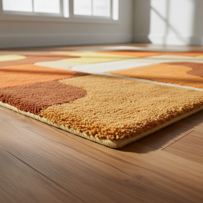 Handmade tufted rug with retro geometric design in warm sunset tones, mid century modern wool area rug