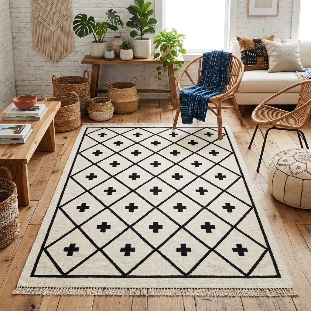 Southwestern Flatweave Wool Rug in ivory with a black diamond lattice and Swiss cross motifs, finished with fringed edges.