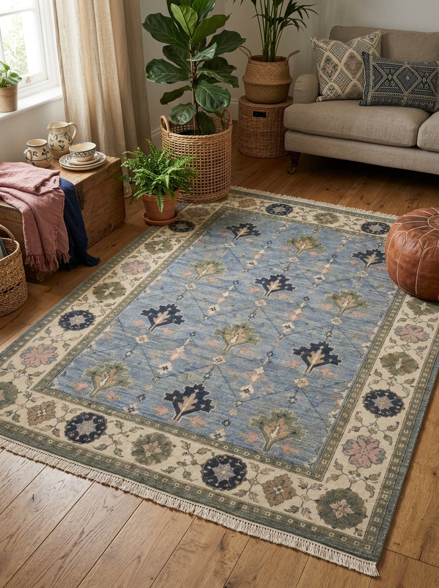 Cornflower Blue Geometric Hand Knotted Wool Rug, Tree Motif Ivory Sage Border