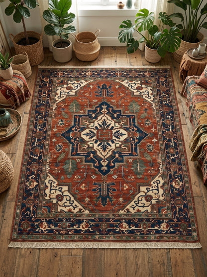 Heriz Hand Knotted Wool Rug in rust red and navy, with an ivory stepped medallion, teal botanical motifs and fringed edges.