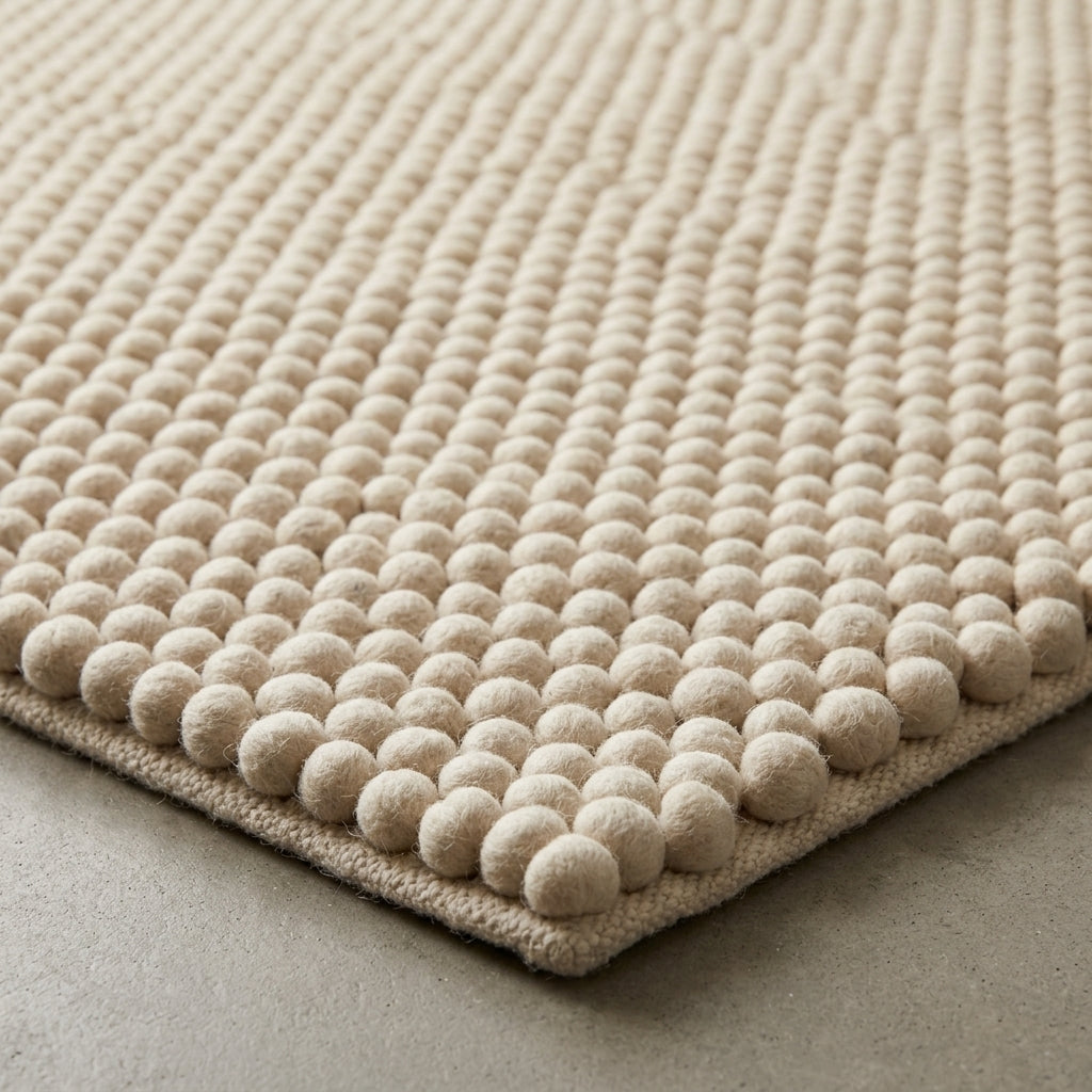Chunky Wool Rug, Handwoven Felt Ball Pebble Area Rug, Ivory White Carpet, Modern Scandinavian Japandi Decor, Thick Cozy Living Room Floor Rug