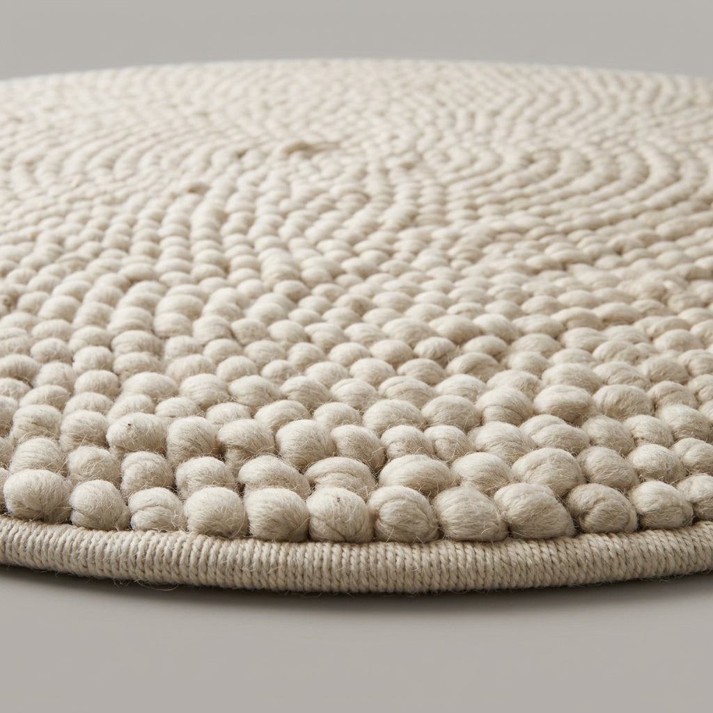 Chunky Wool Rug in cream ivory wool with a thick, handwoven pebble texture arranged in concentric spiral rings and finished edges.