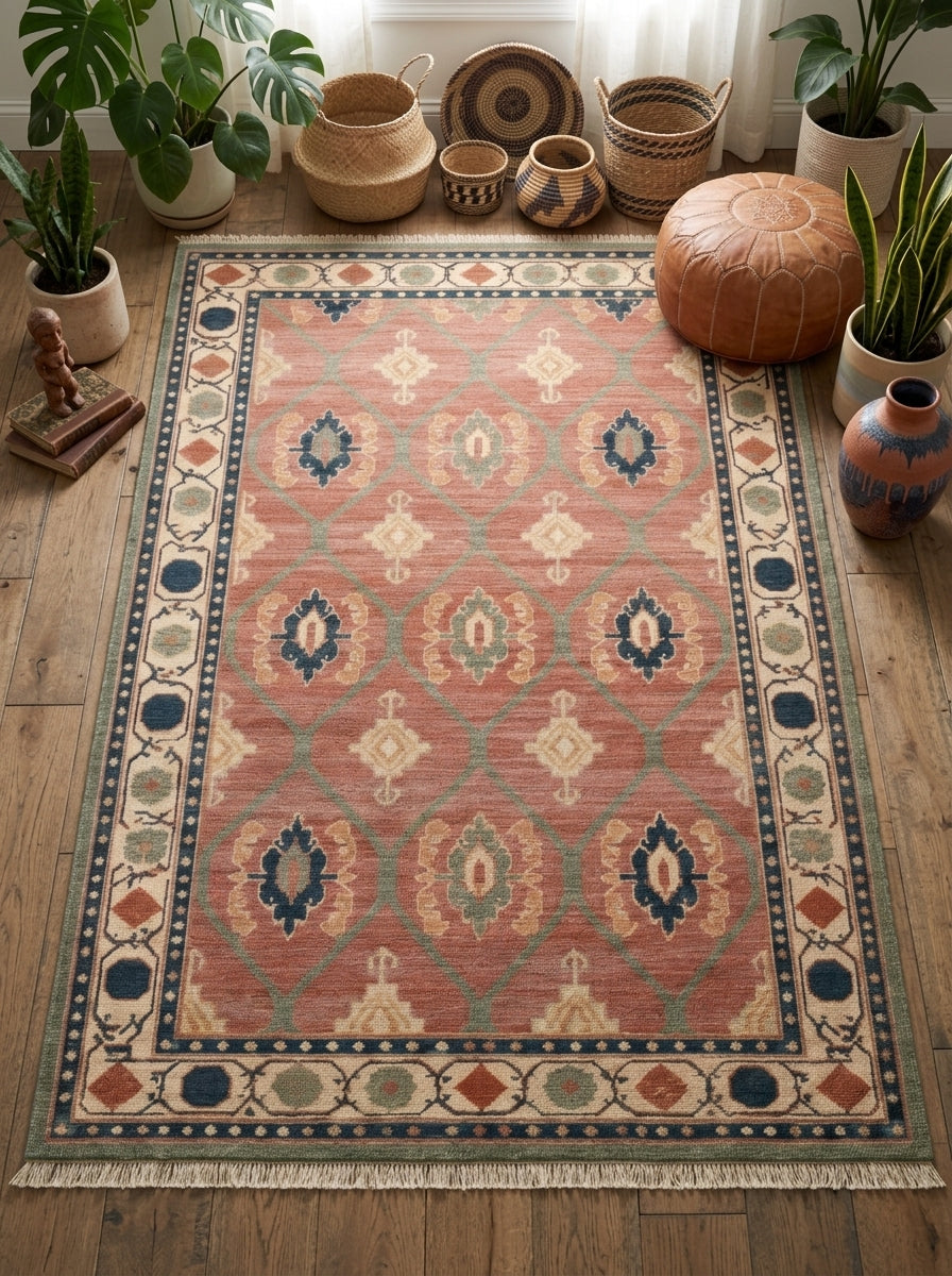 Oushak Hand Knotted Rug in coral pink wool, with sage lattice, multicolour medallions and an ivory geometric border.
