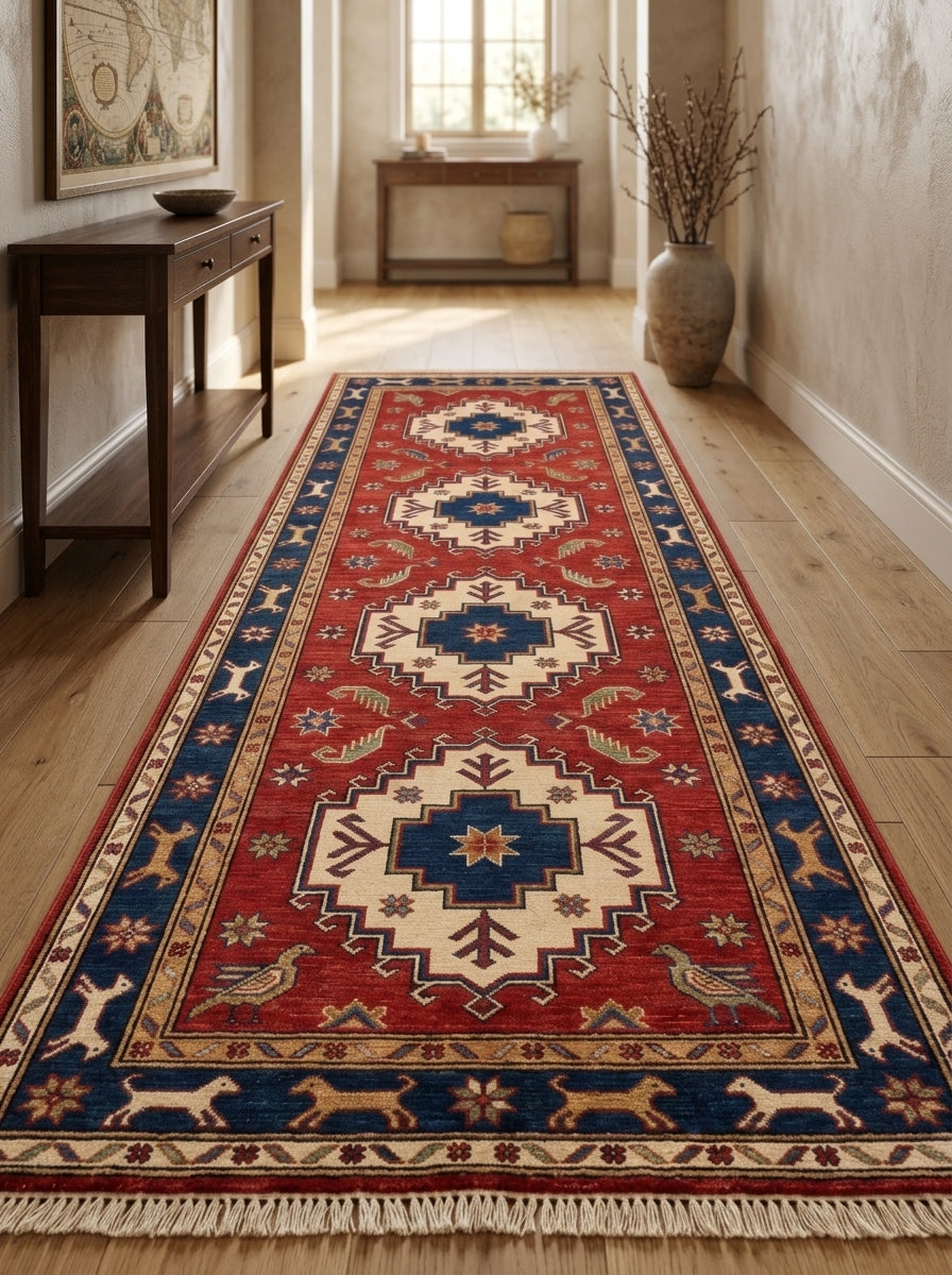 Hand Knotted Oushak Runner Rug in red wool with ivory and navy medallions, animal border, and fringed ends.