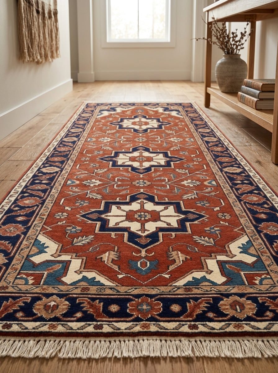 Hand Knotted Oushak Runner Rug in rust red wool with ivory and navy angular medallions, floral motifs, and fringed ends.