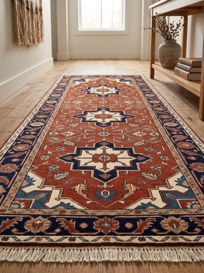Hand Knotted Oushak Runner Rug in rust red wool with ivory and navy angular medallions, floral motifs, and fringed ends.