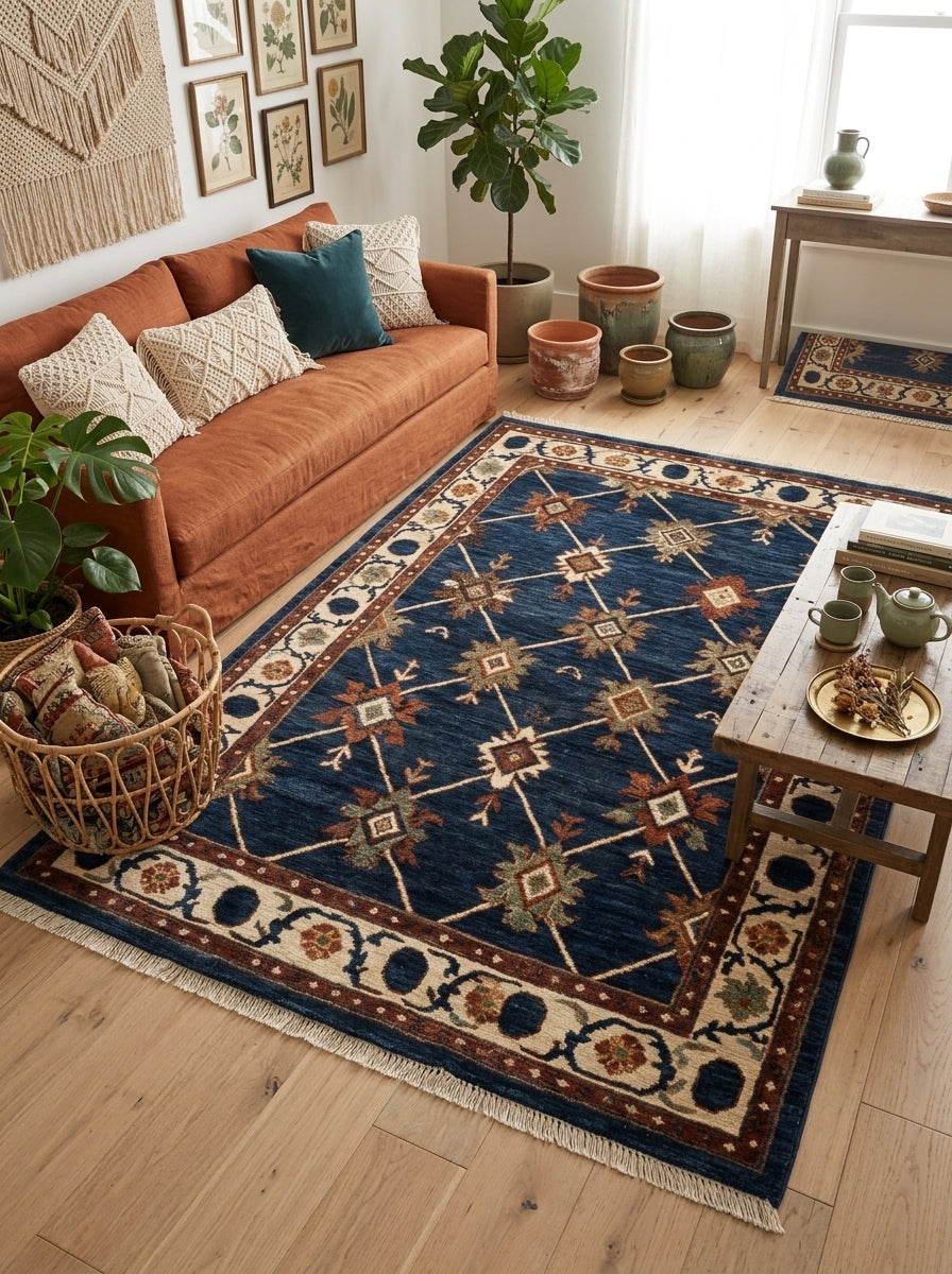 Oushak Hand Knotted Rug in deep navy wool, with an ivory diagonal trellis, rust and sage star motifs, and ornate ivory border.