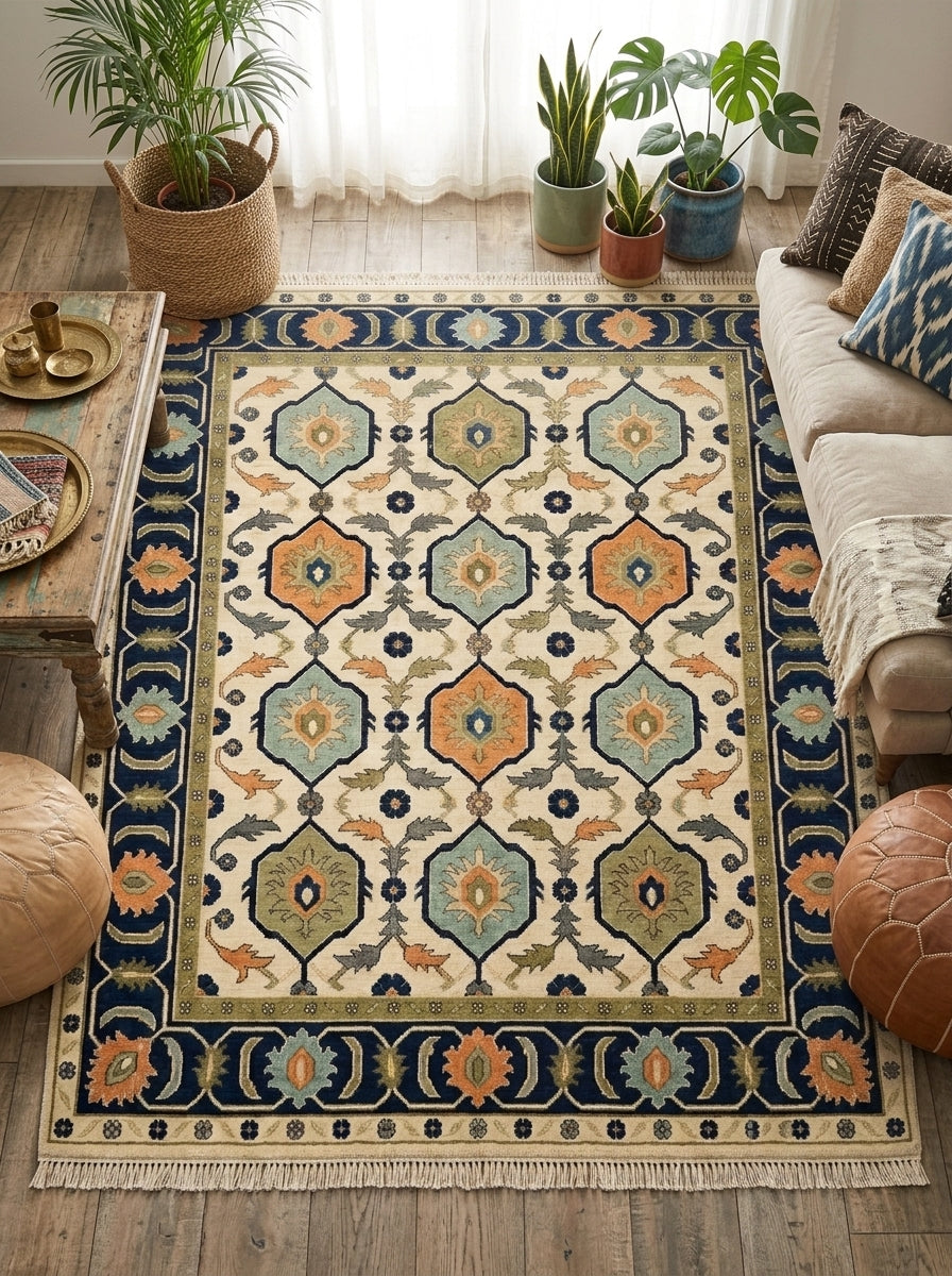 Ivory Navy Hexagon Medallion Hand Knotted Wool Rug, Aqua Orange Olive Geometric