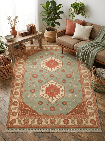 Sage Green Double Medallion Hand Knotted Wool Rug, Kazak Style Coral Ivory Border