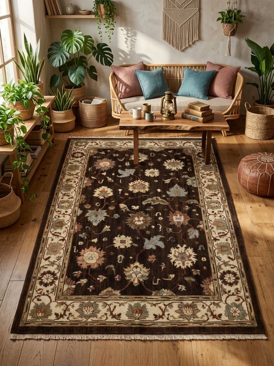 Oushak Hand Knotted Rug in chocolate brown wool, with multicoloured floral motifs and a wide ivory palmette border.