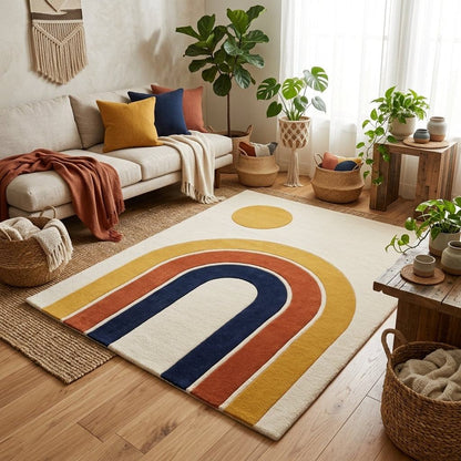Handmade Retro Rug, ivory wool carpet with mustard, rust and navy nested arches, fine outlines and a sun circle.