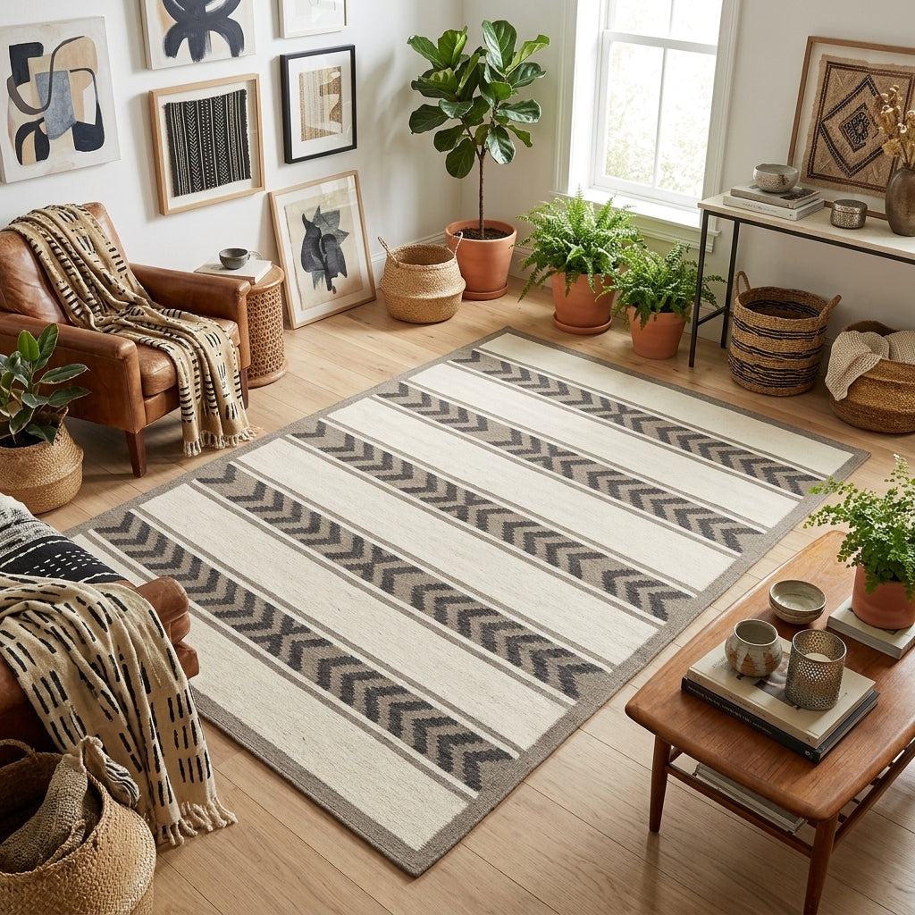 Southwestern Flatweave Wool Rug with ivory and taupe stripes, charcoal chevron bands, and a simple taupe border.