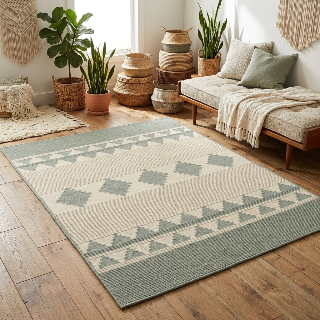 Southwestern Flatweave Wool Rug in sage green and cream, with ribbed texture and geometric diamond and triangle bands.