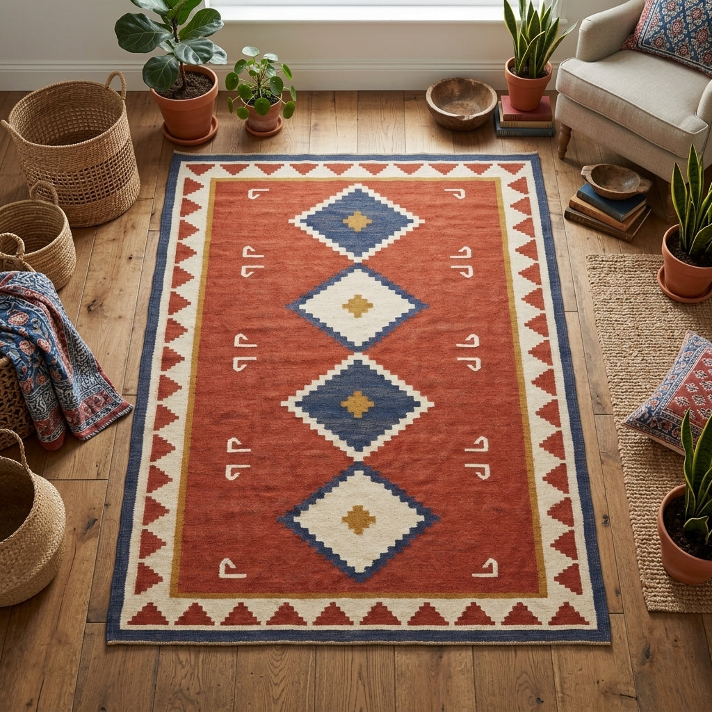 Southwestern Flatweave Wool Rug in rust red, navy, ivory and mustard, with stepped diamonds and a triangle border.