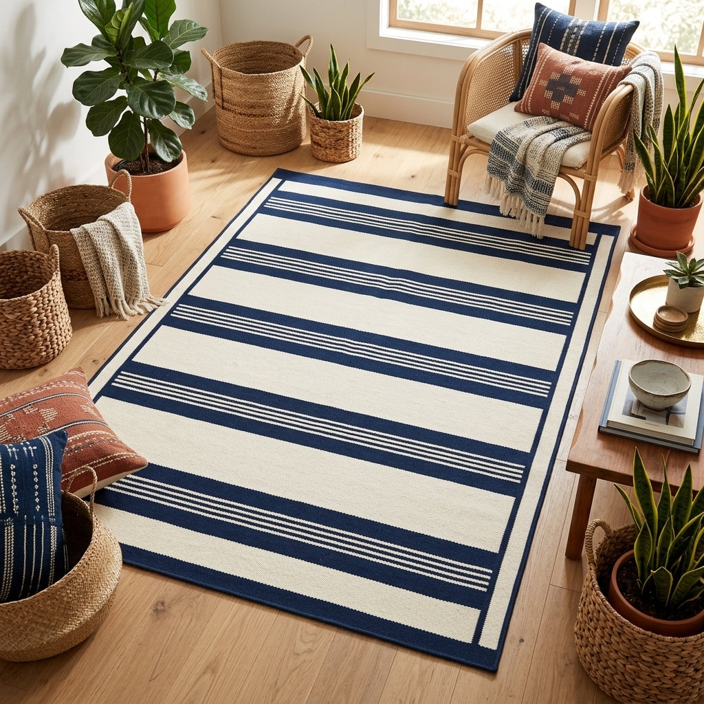 Southwestern Flatweave Wool Rug in ivory with bold navy bands, fine pinstripes, and a slim framed edge.