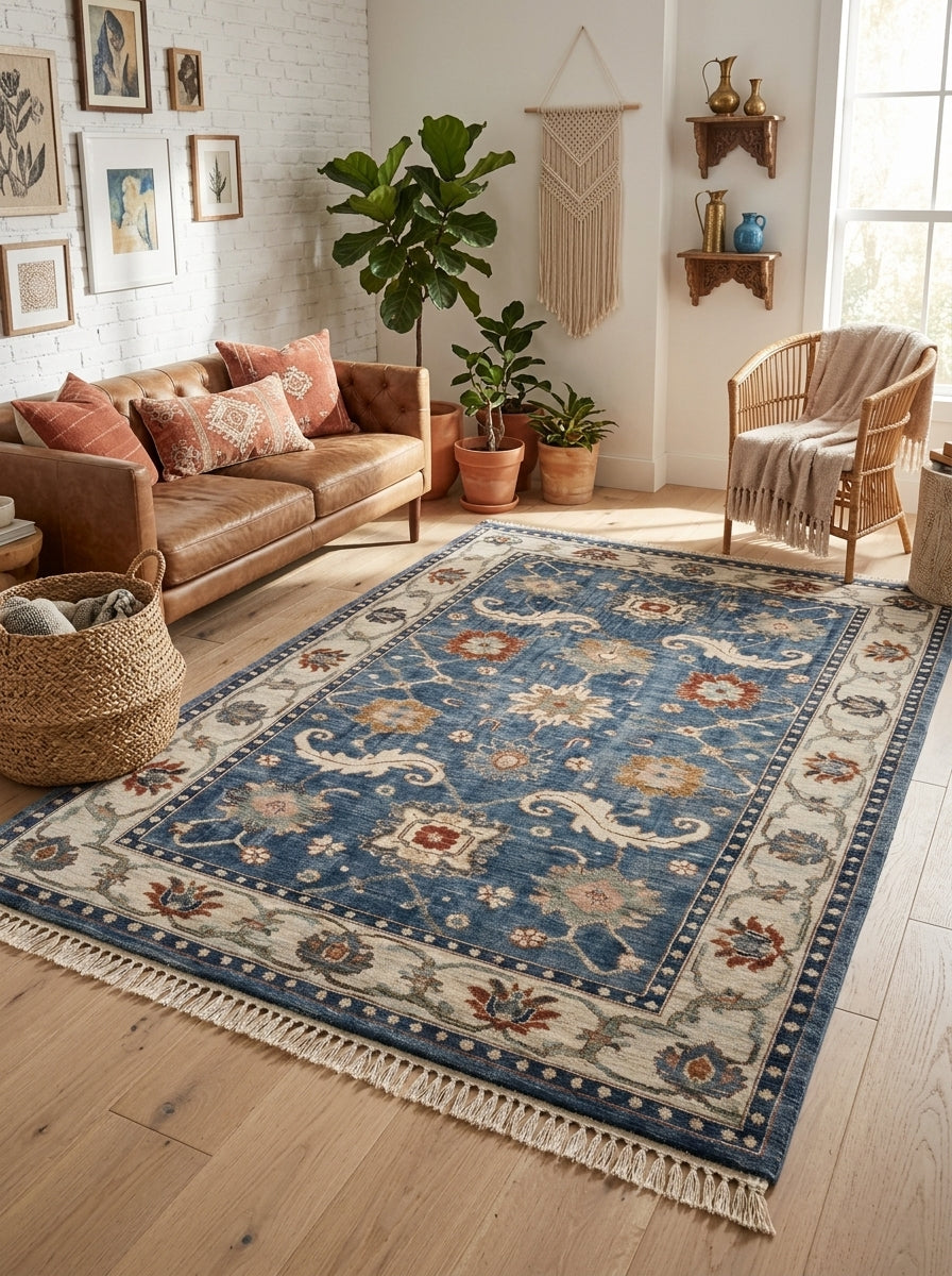Oushak Hand Knotted Rug in blue wool, with ivory floral border, scrolling motifs, rust accents and fringed ends.