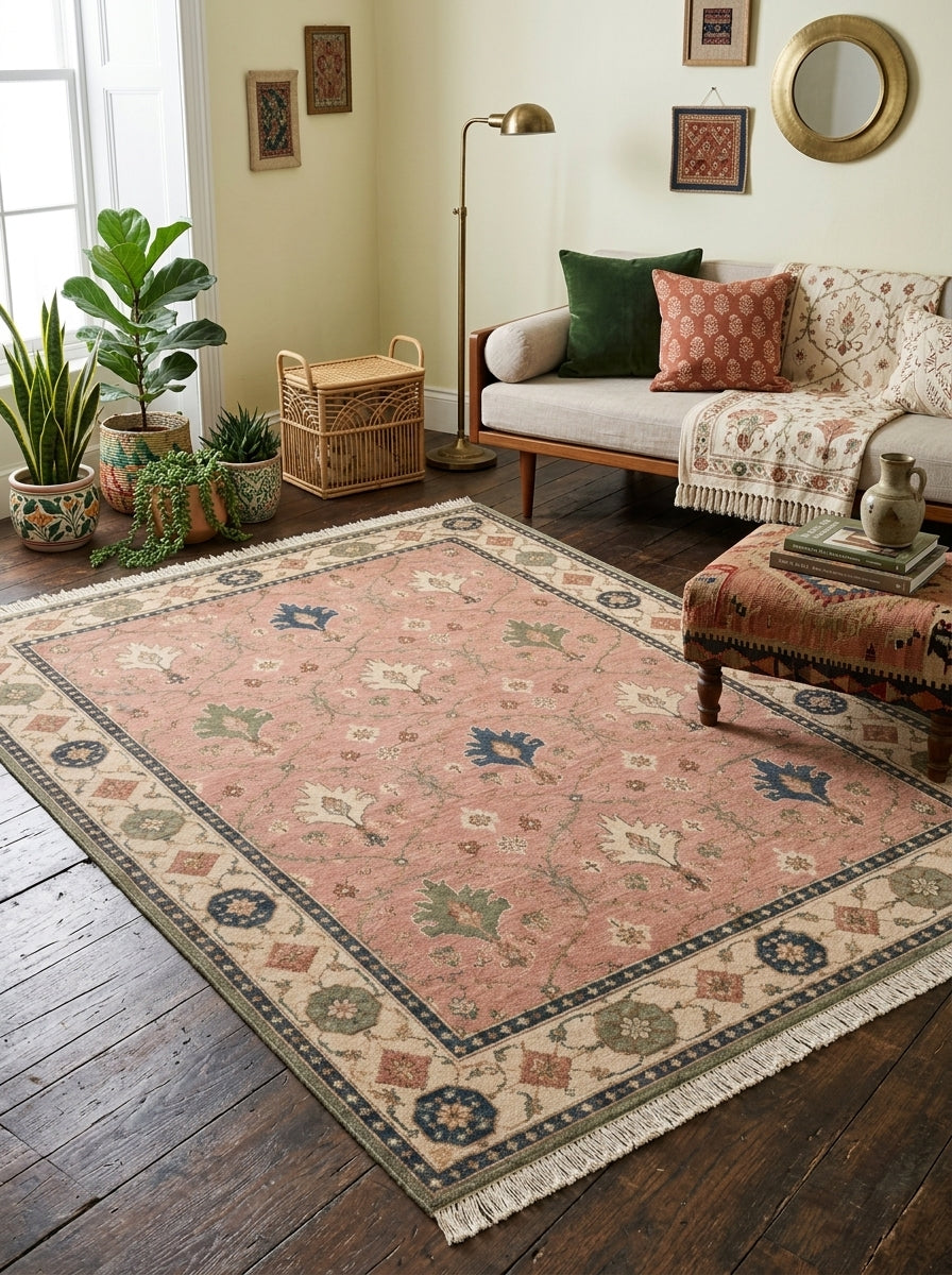 Blush Pink Palmette Hand Knotted Wool Rug, Floral Ogee Lattice Ivory Border
